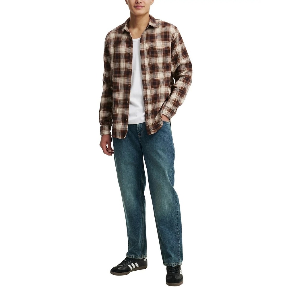 Cotton on Men's Boston Long Sleeve Shirt Chocolate Waffle Check New‎ size L
